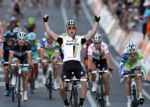 Matt Goss celebrates criterium win