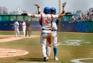 Korean baseball players celebrate their game