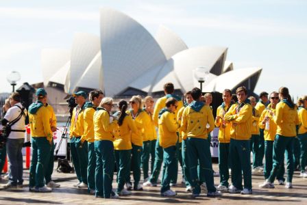 Aussies celebrate in front of spectacular Sydney backdrop