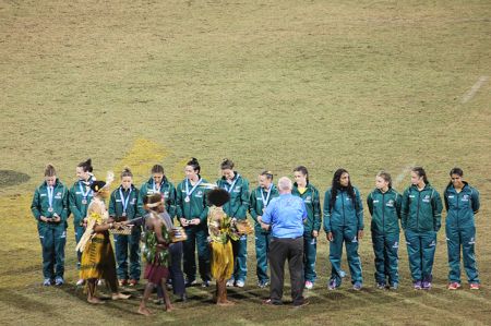 Rugby sevens medal ceremony at the 2015 Pacific Games.