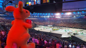 BK enjoying the lights, sounds and colours of the Opening Ceremony