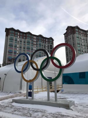 The Olympic rings outside the athlete's vilage