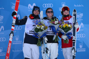 Britteny Cox of Australia wins the gold medal, Perrine Laffont of France wins silver medal, Justine Dufour-lapointe of Canada wins the bronze medal during the FIS Freestyle Ski & Snowboard World Championships