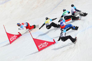 (L-R) Pierre Vaultier of France, Hagen Kearney of the United States, Alex Pullin of Australia, Markus Schairer of Austria, Shinya Momono of Japan and Duncan Campbell of New Zealand compete in the Men's Snowboard Cross semi final at World Champs