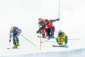 (L-R) Adam Kappacher of Austria, Alex Fiva of Switzerland, Jonas Devouassoux of France and Anton Grimus of Australia compete in the Men's Ski Cross round of 16 on day eleven of the FIS Freestyle Ski & Snowboard World Championships 2017 on March 18.