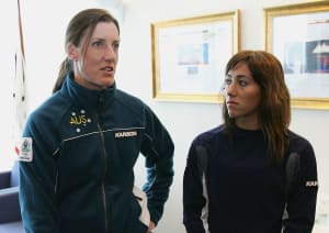 Australian Olympic aerial skiiers Jacqui Cooper and Lydia Ierodiaconou relax during a launch of the Australian Winter Olympic Team Uniform for the 2006 Winter Olympic Games in Torino