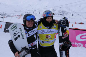 Adam Lambert and Alex Pullin celebrating Lambert's silver medal in Val Thorens and Pullin sits at the top of the world rankings