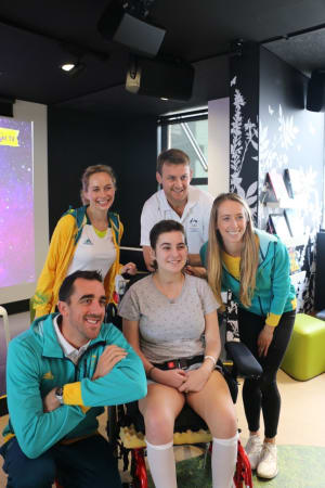 Olympians Matt Abood, Lucinda Whitty, Anneliese Rubie and Patrick McCutcheon visit the Starlight Express Room at Sydney Children's Hospital